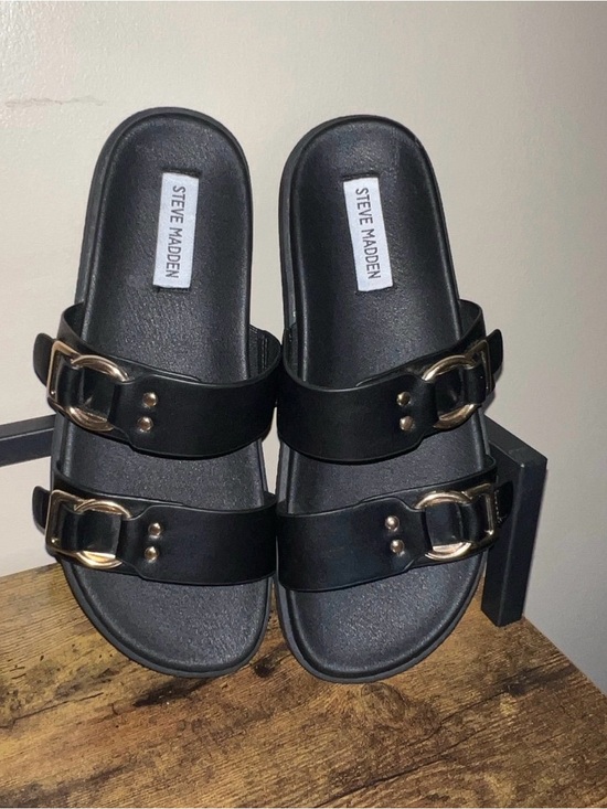 Steve Madden Shoes - Steve Madden Black Slide Sandals with Gold Buckles
